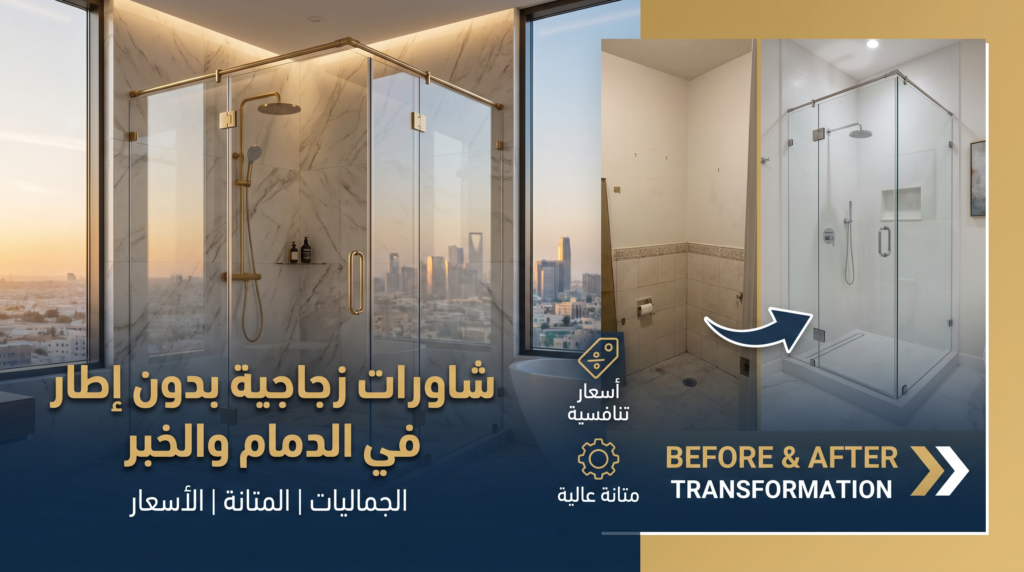 كابينة شاور زجاجي بدون إطار مودرن في حمام فاخر بالدمام.