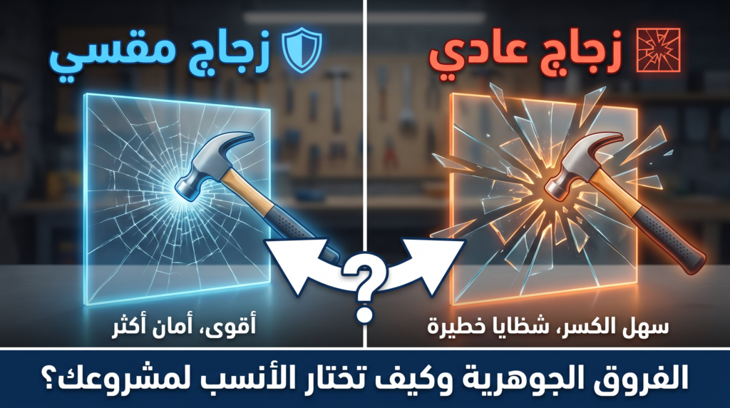 مقارنة توضح الفرق بين انكسار الزجاج المقسى والزجاج العادي.